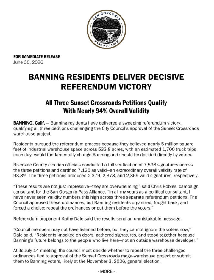 Immediate Release: BANNING RESIDENTS DELIVER DECISIVE REFERENDUM VICTORY